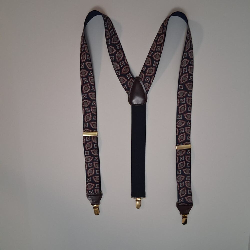 Roundtree & Yorke Men Paisley/Navy Adjustable Elastic Suspenders Gold Tone Metal